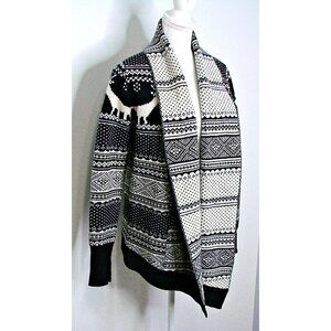 CAMBRIDGE Dry Goods LambsWool Cardigan Open Front Sweater Reindeer Black White M